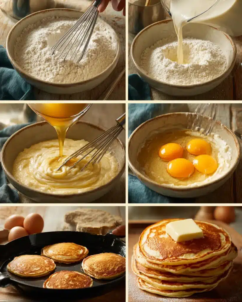 Step-by-step making Bisquick pancakes from mixing to golden stack