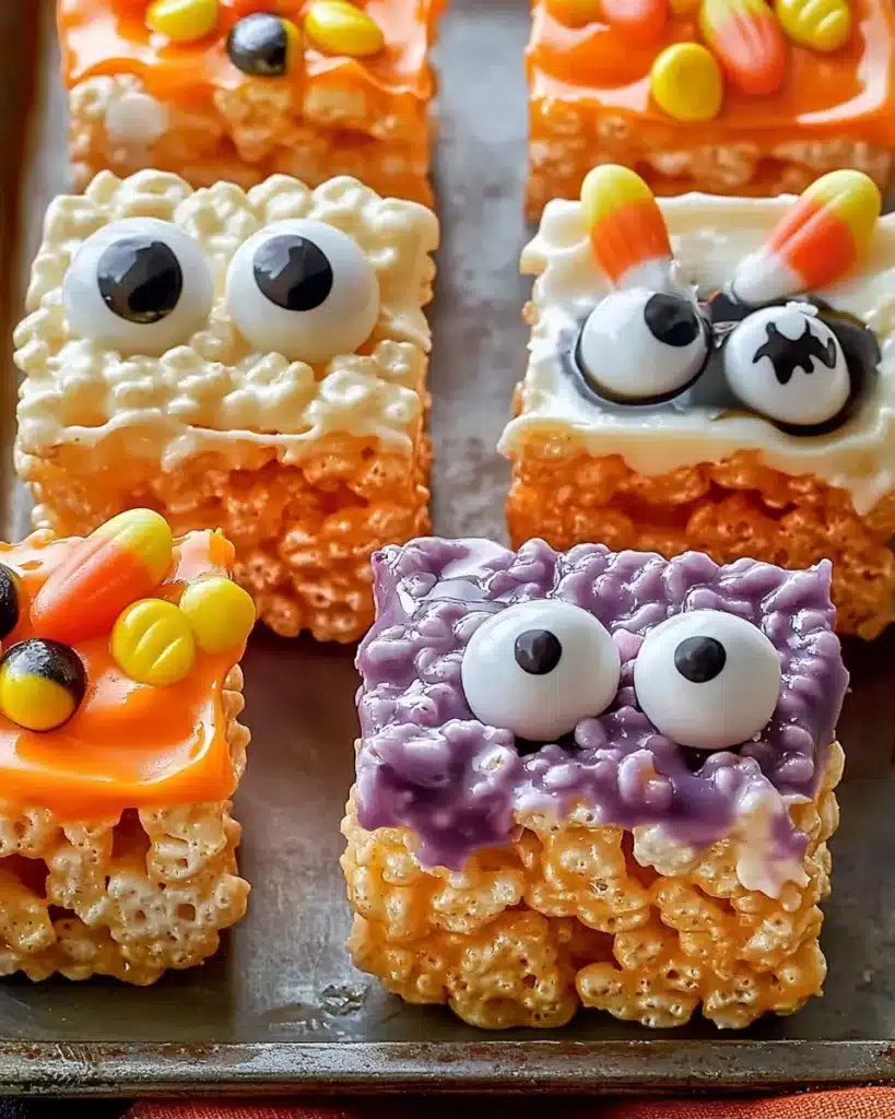 Monster-themed Halloween Rice Krispies Treats with candy eyes and sprinkles