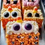 Colorful Halloween Rice Krispies Treats with candy eyes and decorations