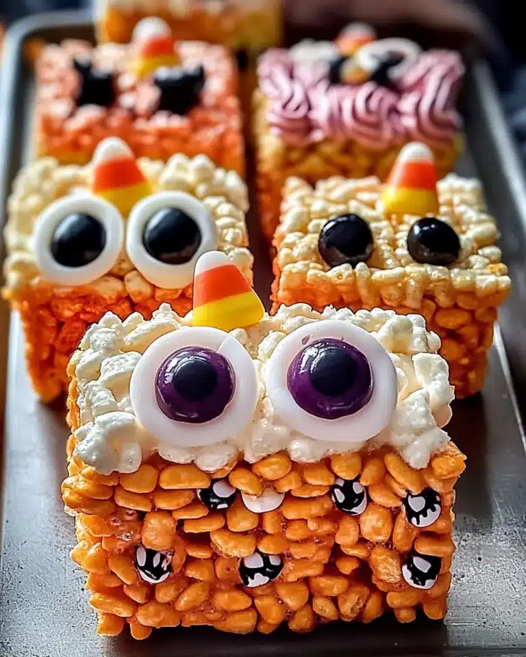 Colorful Halloween Rice Krispies Treats with candy eyes and decorations