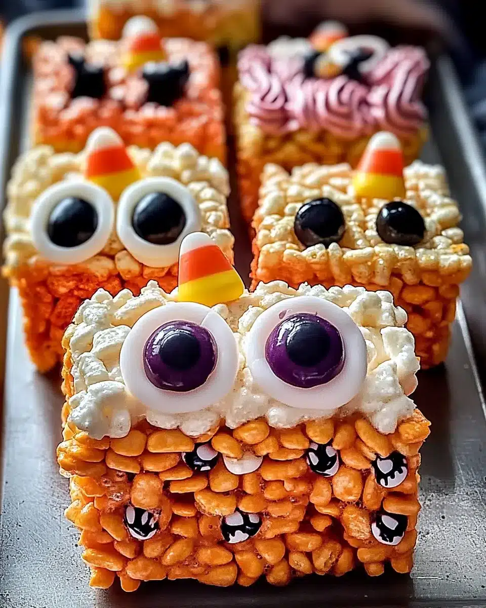 Colorful Halloween Rice Krispies Treats with candy eyes and decorations
