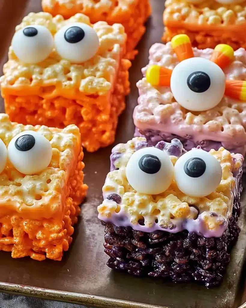 Halloween Rice Krispies squares with colorful icing and monster eyes