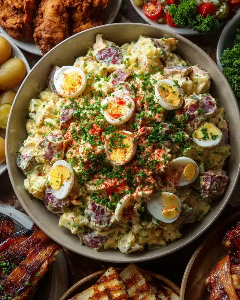 Large bowl of country-style potato salad with red potatoes, eggs, and parsley