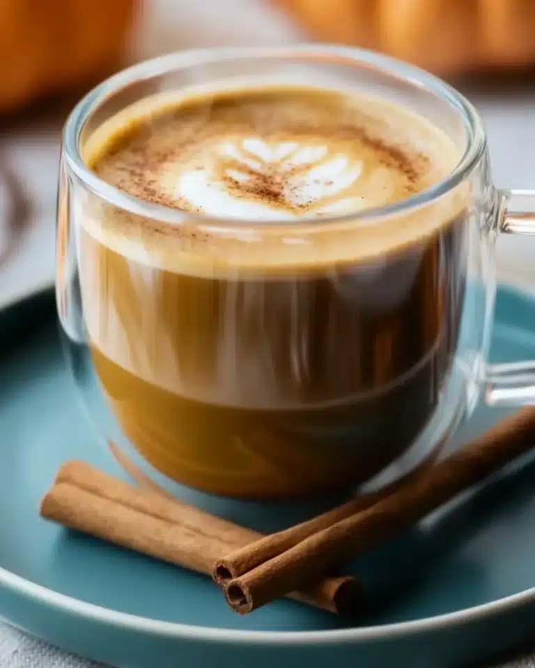 Glass mug of pumpkin coffee with cinnamon sticks on green plate