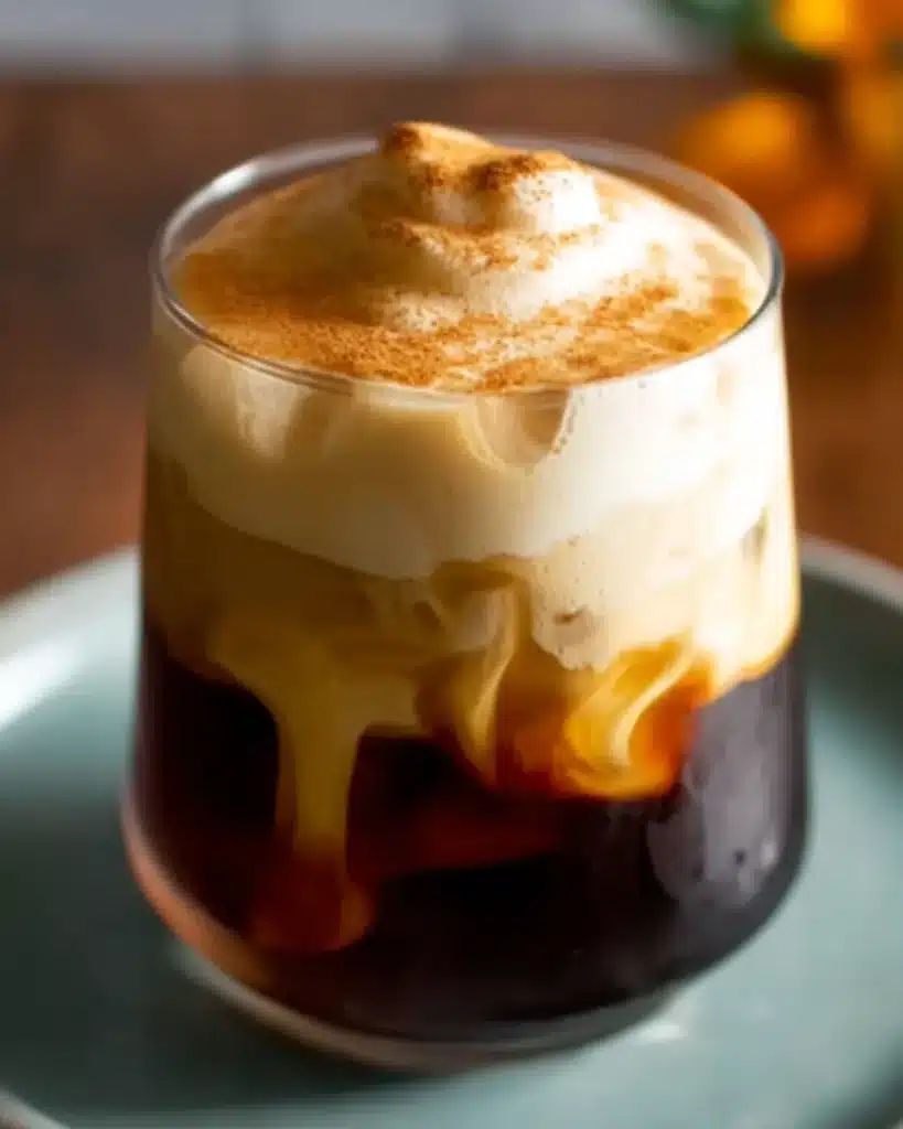 Layered pumpkin cream cold foam in glass with rich autumn swirls