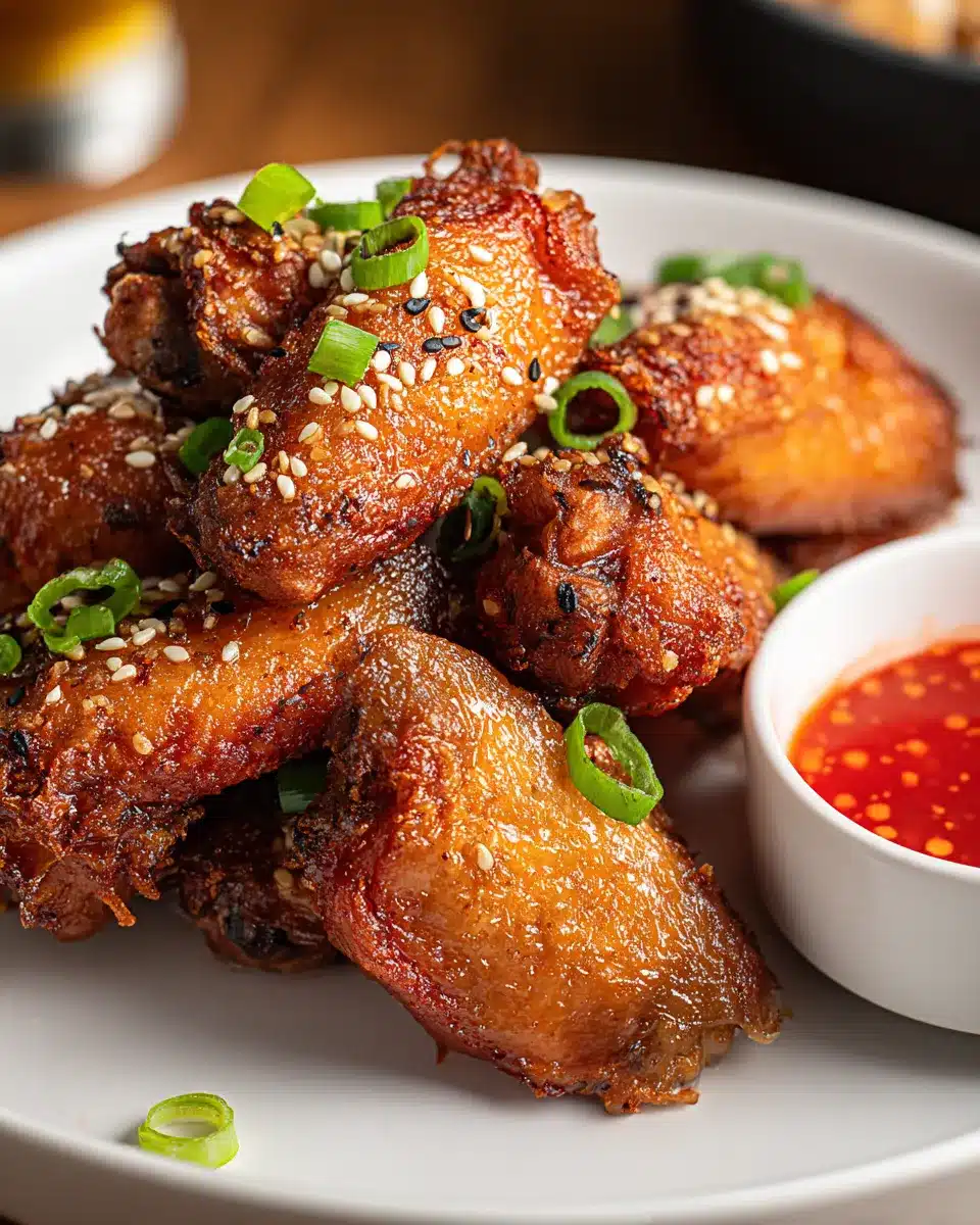 Crispy Chinese chicken wings topped with sesame seeds and green onions