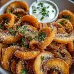 Crispy fried mushroom slices with ranch dip and parsley garnish