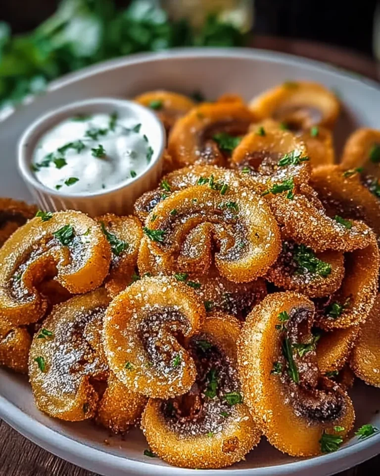 Crispy fried sliced mushrooms with ranch dressing garnish in a bowl