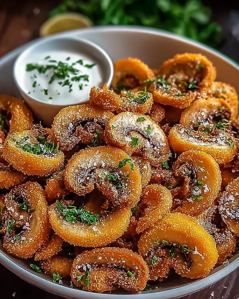 Fried mushroom slices with golden crust and ranch dip in a bowl