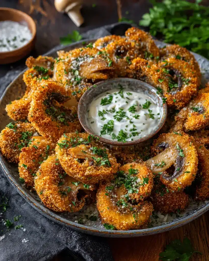 Crispy breaded mushroom slices with ranch dip and fresh herbs