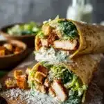 Creamy chicken caesar wrap with parmesan and crunchy croutons