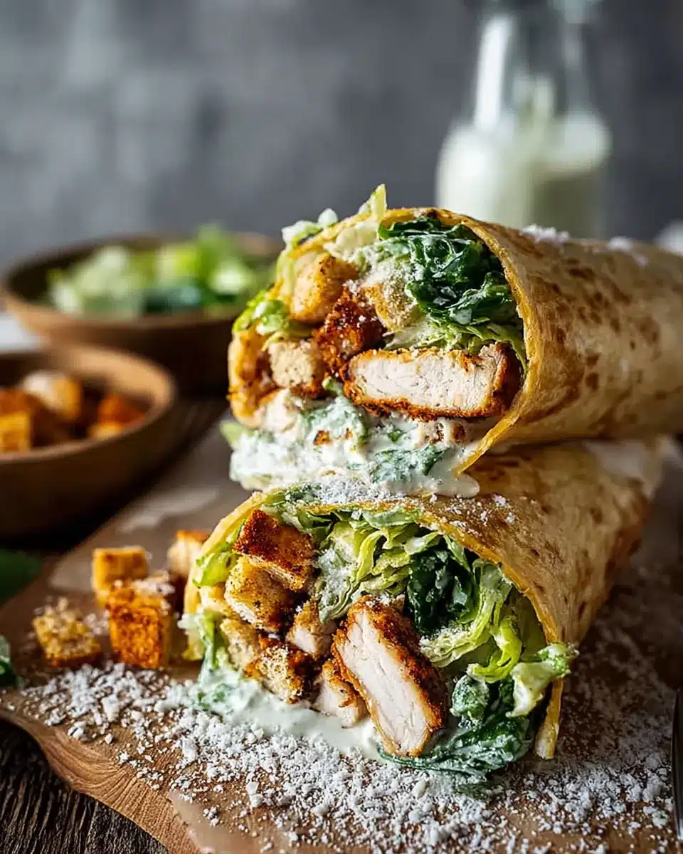 Creamy chicken caesar wrap with parmesan and crunchy croutons