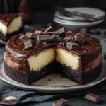Fudgy brownie cheesecake with creamy center, chocolate ganache, and dark chocolate chunks.