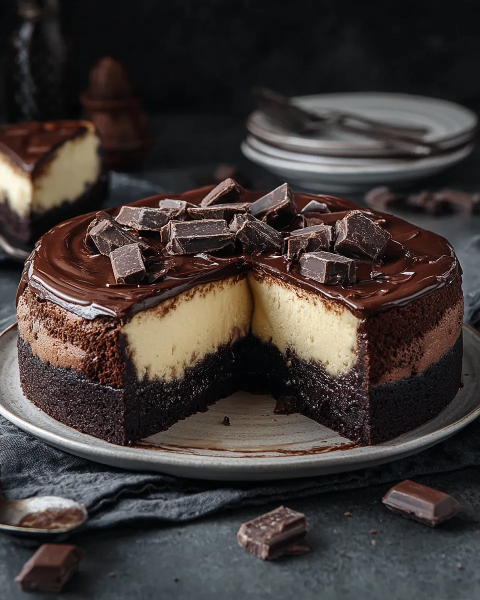 Rich brownie cheesecake with fudgy base, creamy cheesecake layer, and chocolate ganache topping.