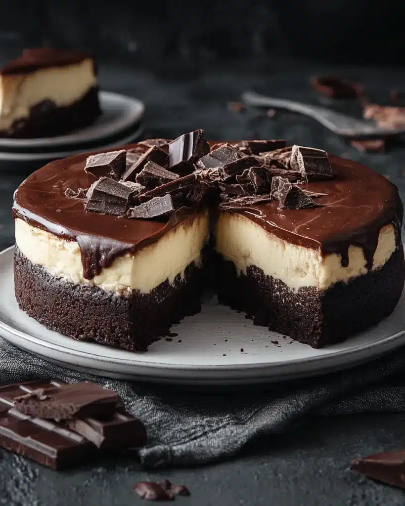 Brownie cheesecake with creamy layer, glossy chocolate ganache, and dark chocolate chunks.