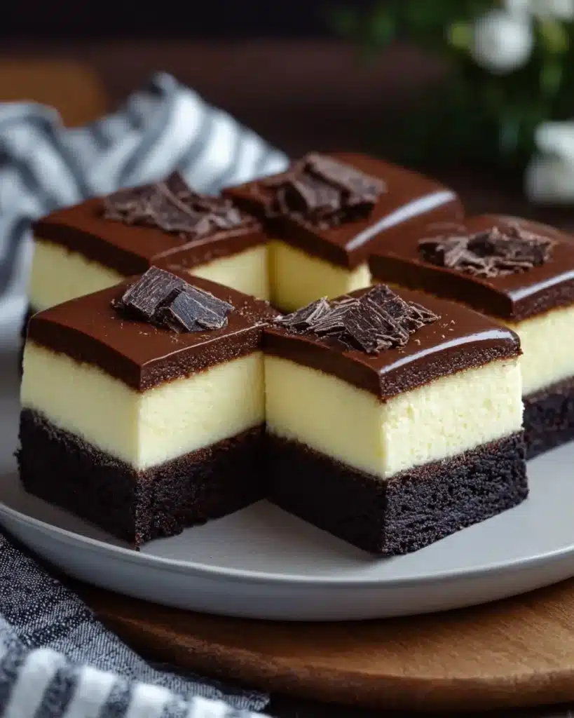 Neat brownie cheesecake bars with chocolate ganache and shaved chocolate topping.