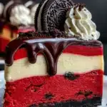 Red velvet Oreo cheesecake slice with ganache, whipped cream, and whole Oreo on top.