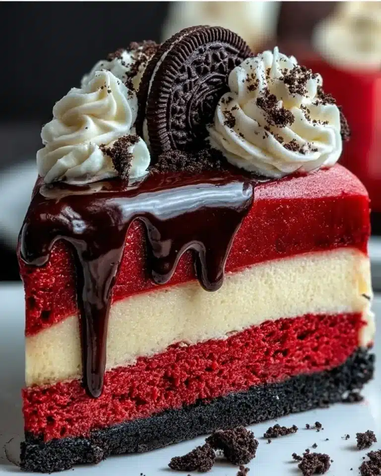 Slice of red velvet Oreo cheesecake with chocolate ganache, whipped cream, and Oreo topping.