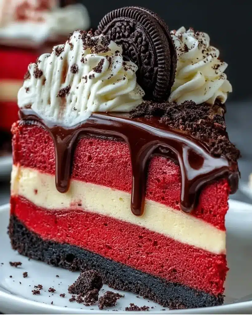 Layered red velvet Oreo cheesecake slice with ganache, whipped cream, and an Oreo cookie on top.