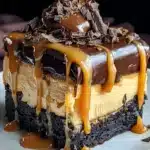 Milky Way caramel cheesecake brownie topped with chocolate truffle and caramel drizzle.