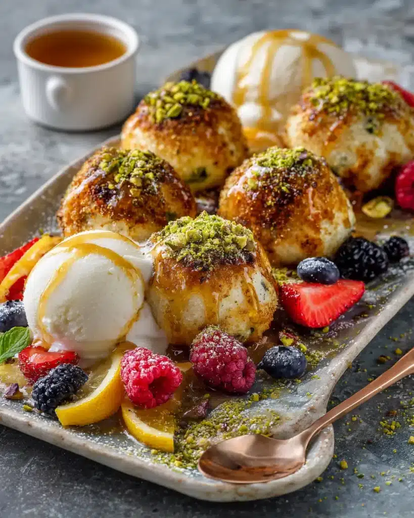 Ricotta Pistachio Honey Bites served with vanilla ice cream, fresh berries, and honey drizzle