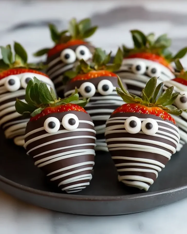 Close-up of chocolate mummy strawberries with candy eyes