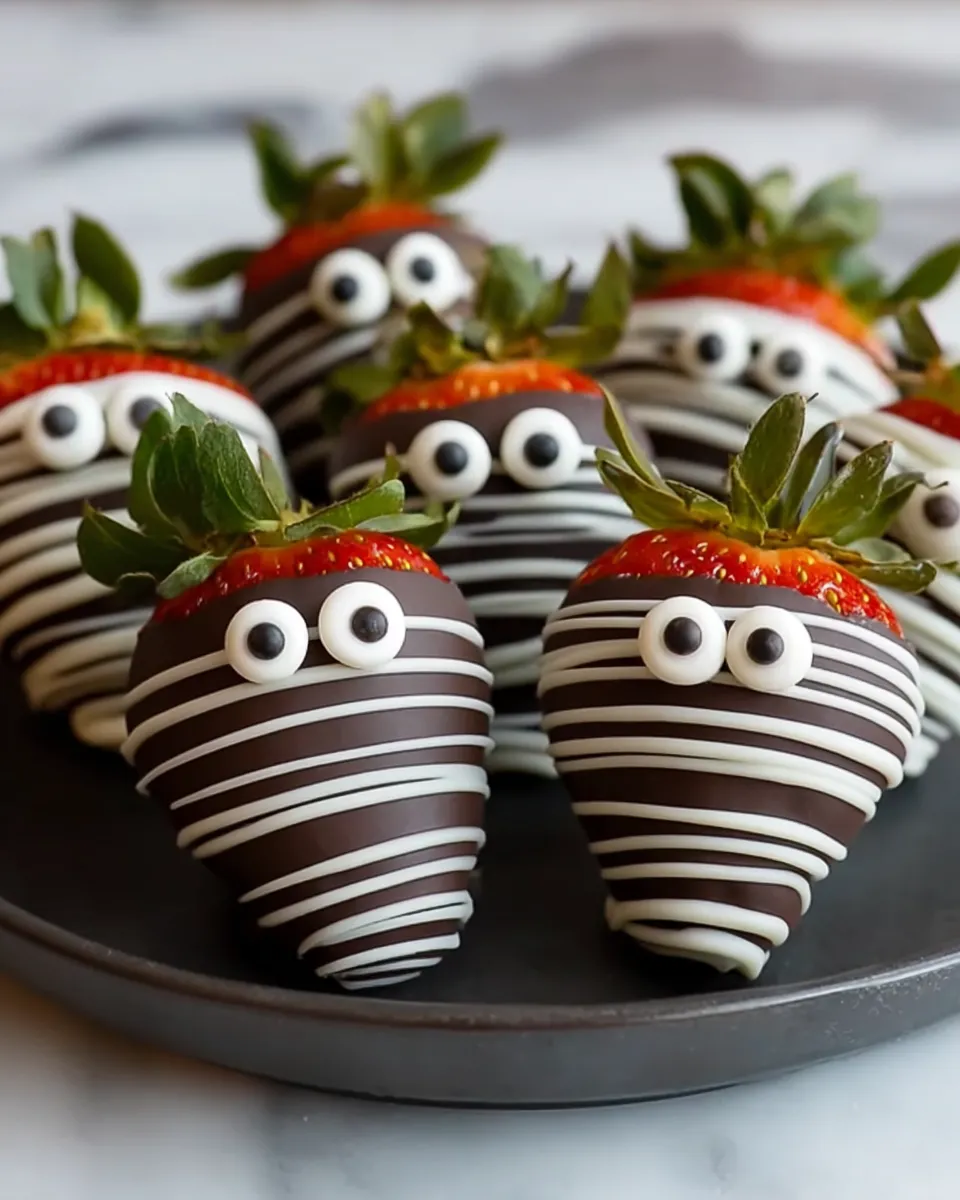 Close-up of chocolate mummy strawberries with candy eyes