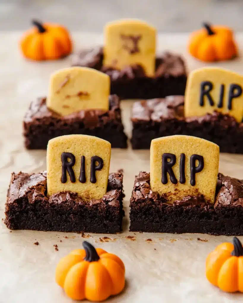 Halloween brownies decorated as a graveyard with tombstone cookies and pumpkins.