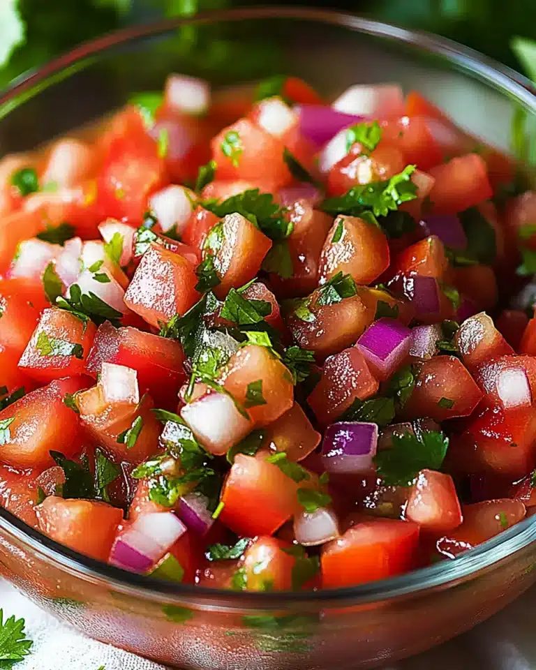 Chunky pico de gallo salsa with tomatoes, onion, and cilantro in glass bowl