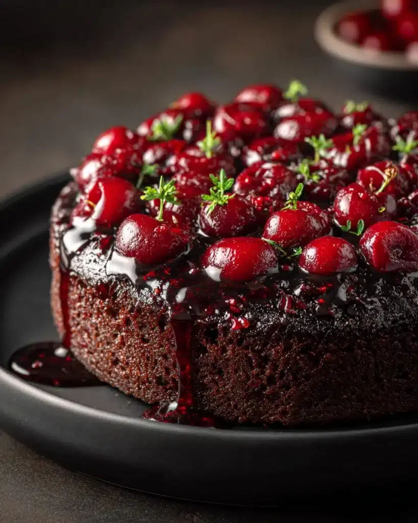 Glossy chocolate cherry upside down cake topped with fresh herbs