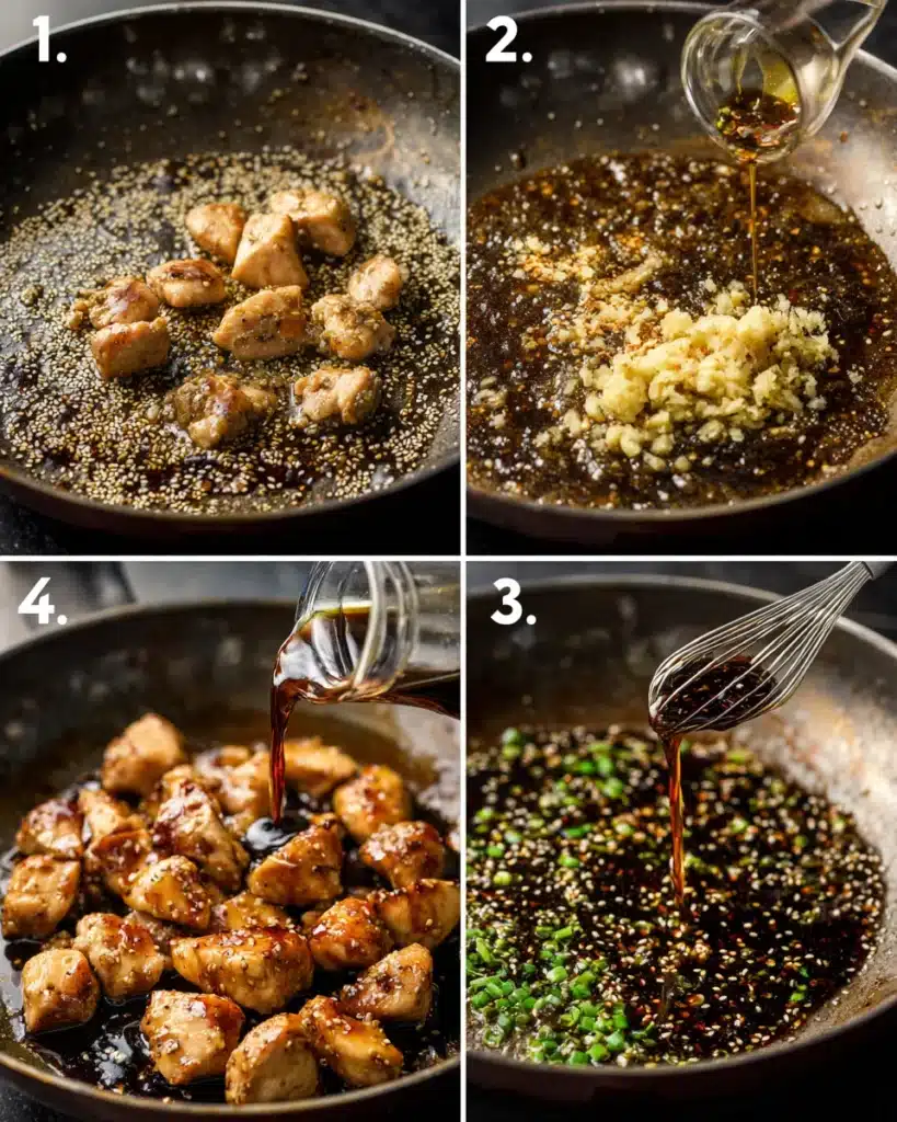 Step-by-step bourbon chicken cooking process in skillet.