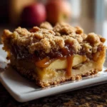Caramel drizzling from apple crumble bar with crisp topping.