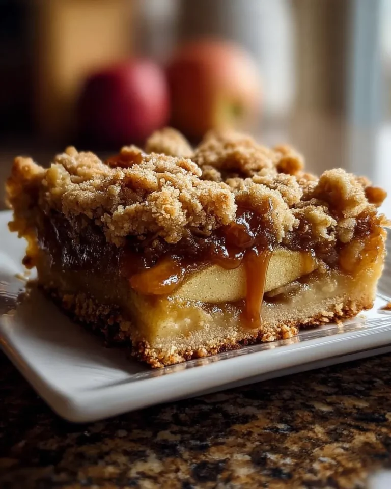 Caramel drizzling from apple crumble bar with crisp topping.
