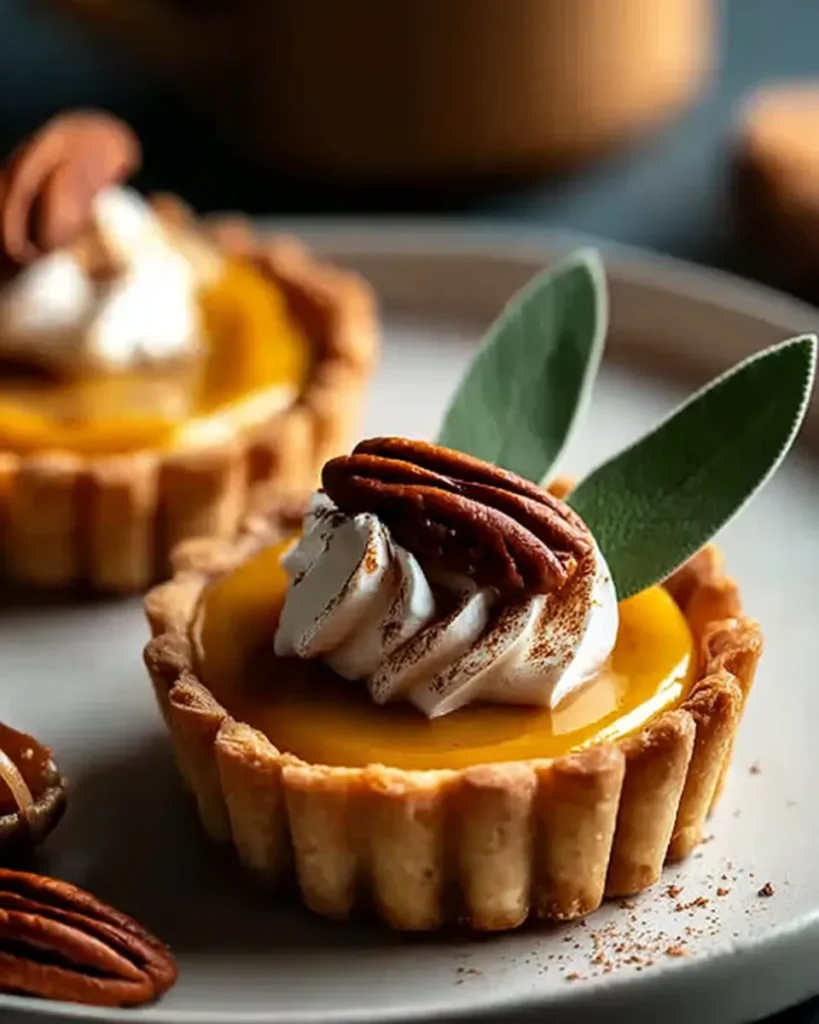 Pumpkin spice caramel tart with pecan and sage leaf garnish