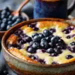 Close-up of blueberry cottage cheese breakfast bake in ceramic bowl