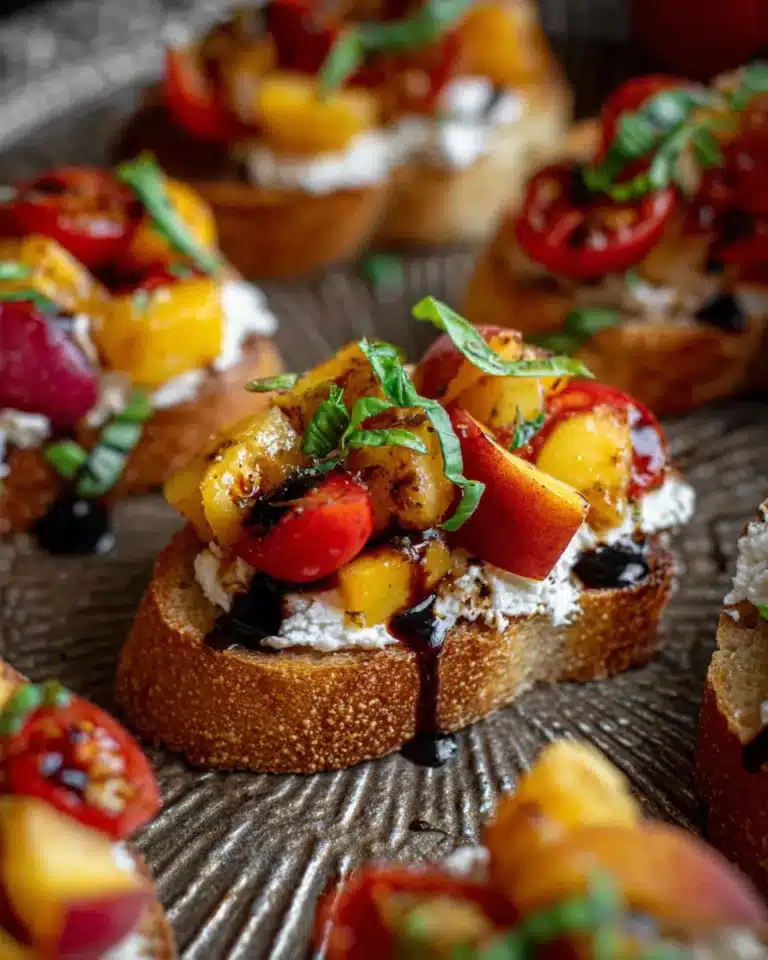 Close-up of peach bruschetta with ricotta, tomatoes, basil, and balsamic glaze on crispy bread.