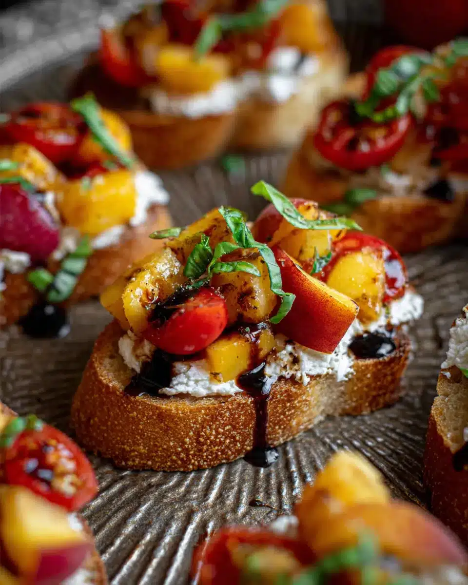 Close-up of peach bruschetta with ricotta, tomatoes, basil, and balsamic glaze on crispy bread.