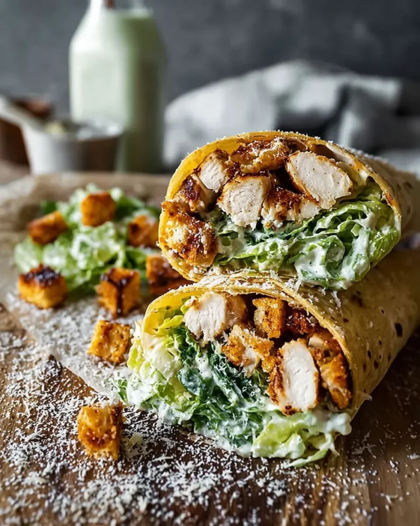 Grilled chicken caesar wrap with lettuce, parmesan, and croutons