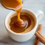 Pouring pumpkin spice coffee sauce into steaming mug