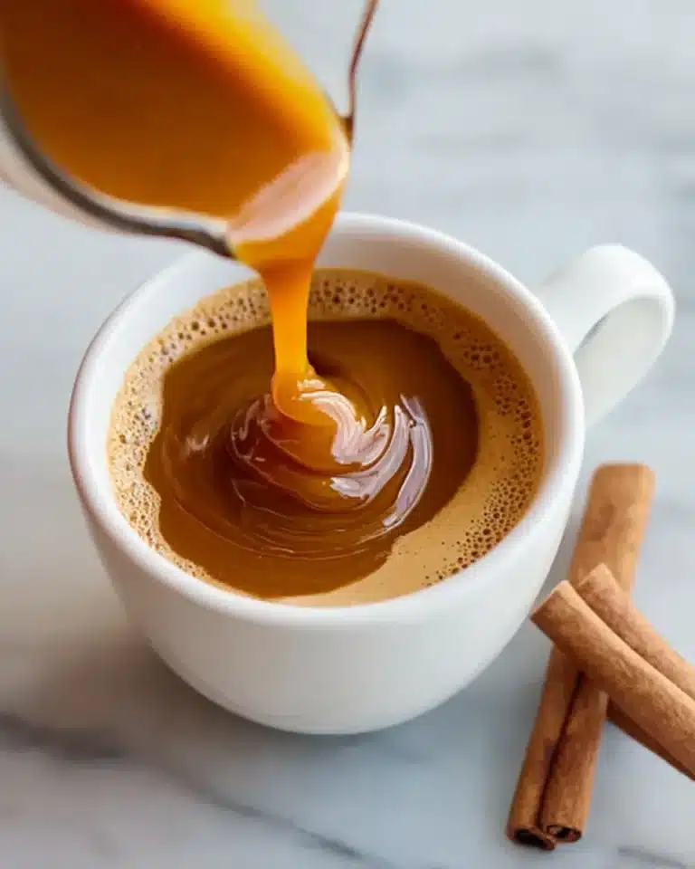 Pouring pumpkin spice coffee sauce into steaming mug