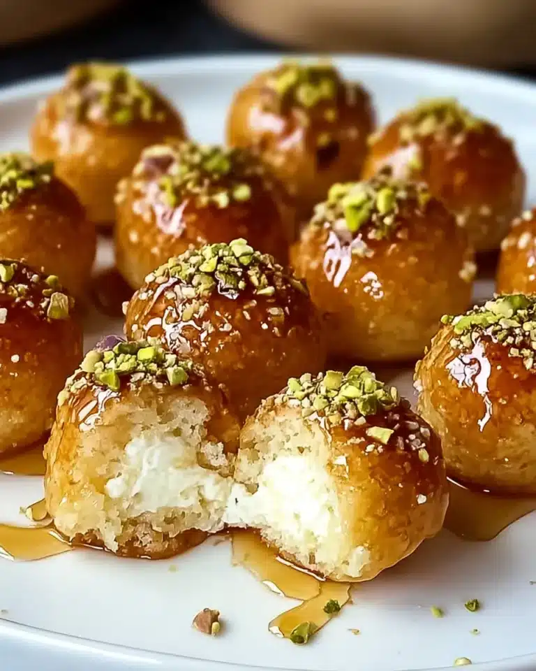 Ricotta Pistachio Honey Bites with creamy centers, drizzled with honey and chopped pistachios