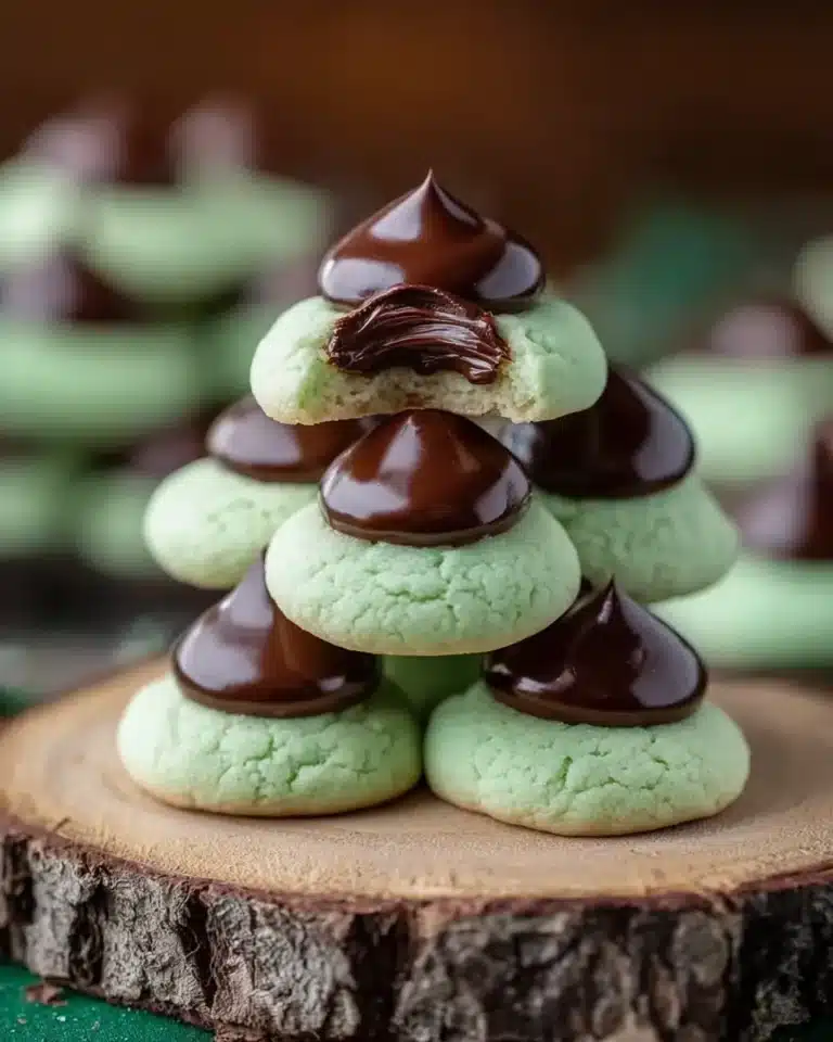 Chocolate Mint Cream Cheese Buttons stacked with glossy chocolate ganache topping.