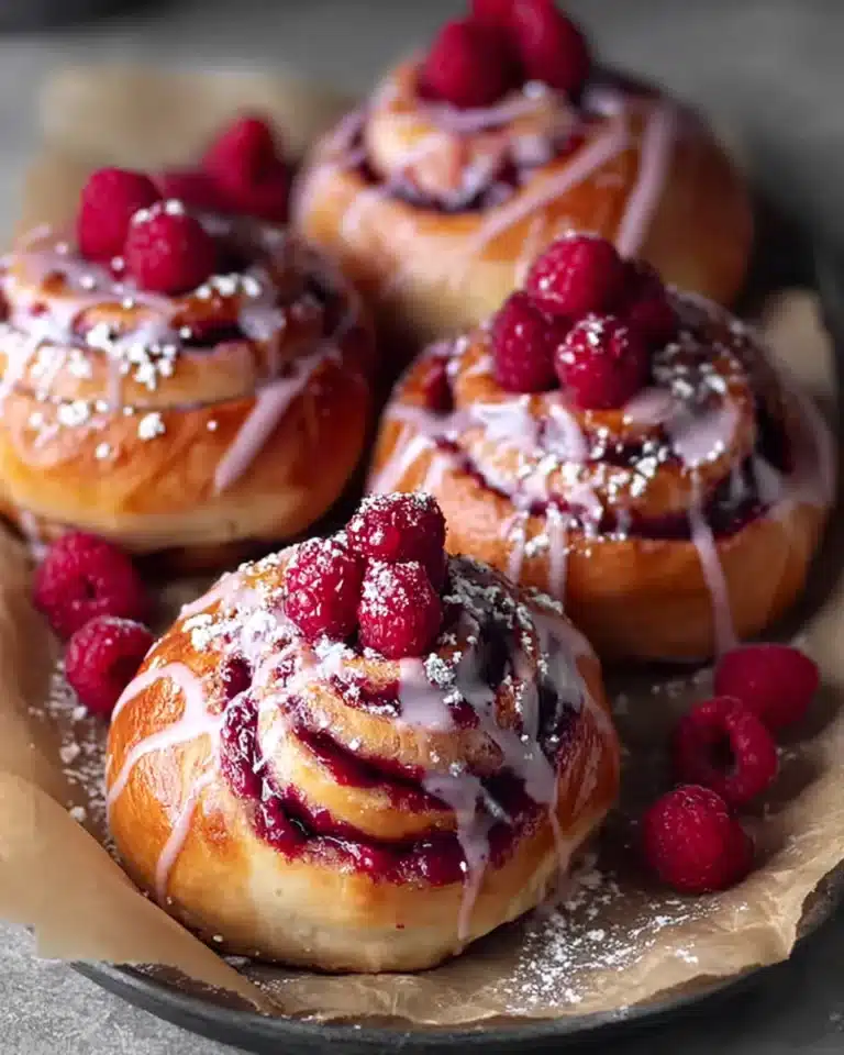 Freshly baked raspberry buns with pink icing and powdered sugar.