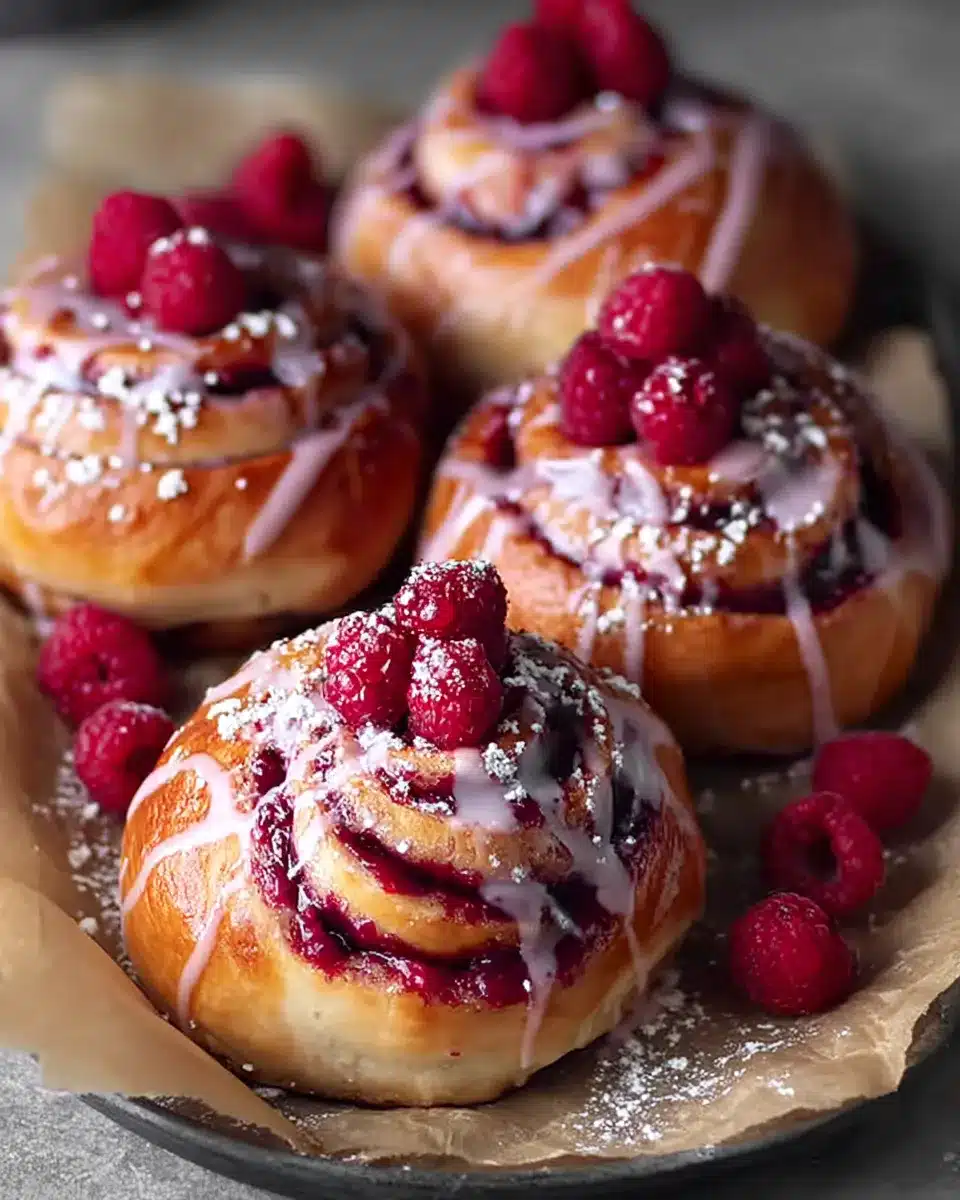 Freshly baked raspberry buns with pink icing and powdered sugar.