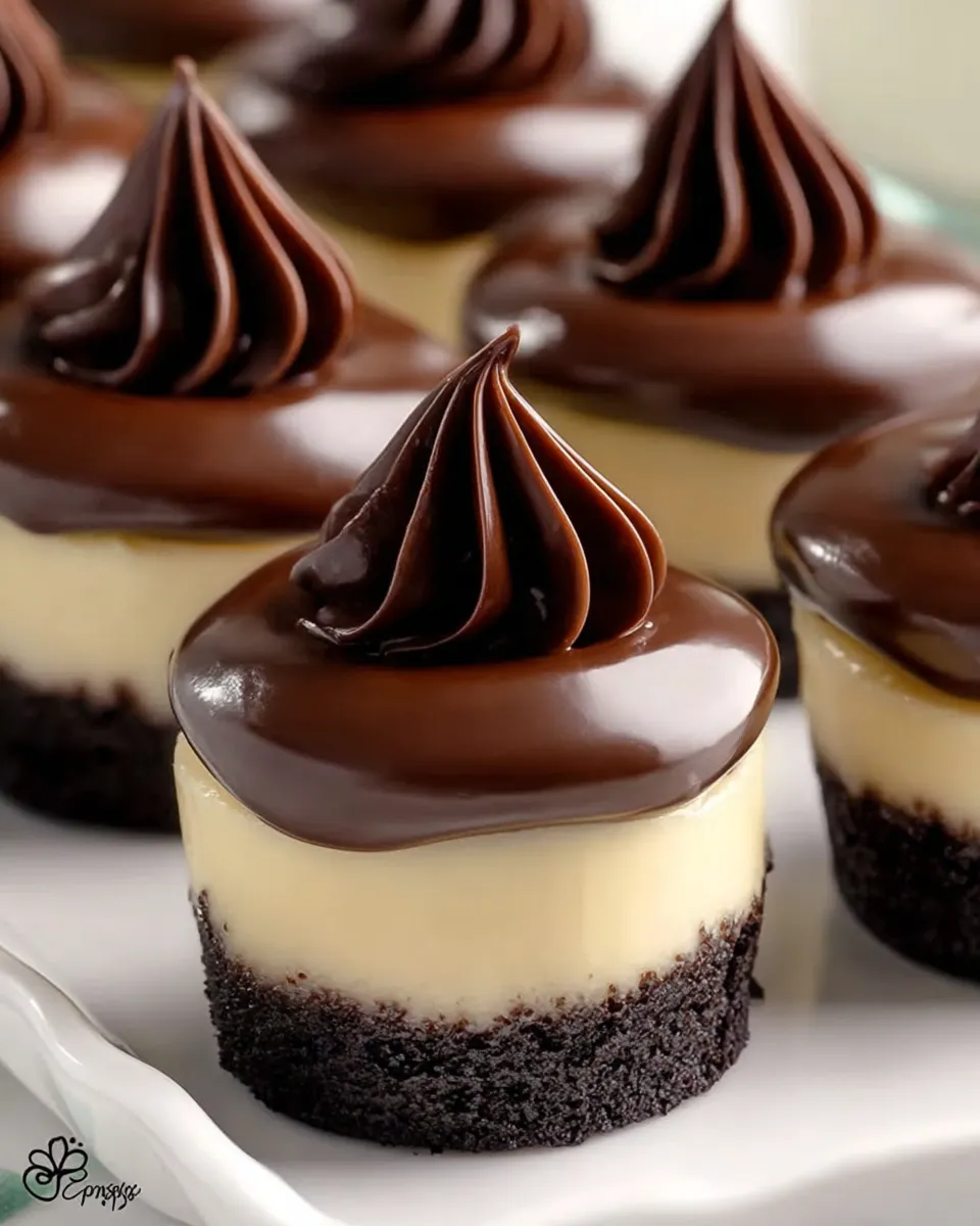 Mini chocolate cheesecake bites with chocolate crust, creamy filling, and ganache topping