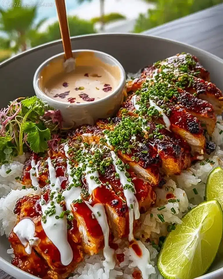 Sweet chili chicken bowl with rice, creamy sauce drizzle, lime wedges, and fresh herbs.