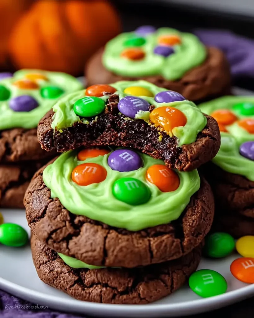 Hocus Pocus Halloween Cookies – Chocolate with Neon Green Frosting & M&M’s
