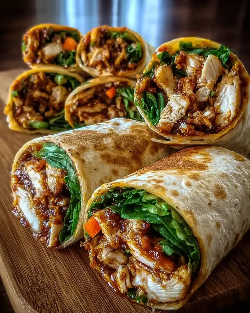 Stacked sweet chili chicken wraps cut in halves with veggies