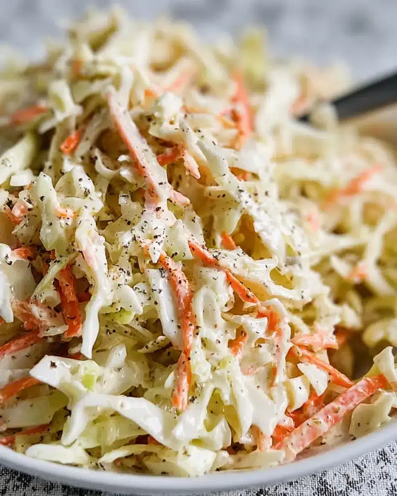 Close-up of creamy homemade KFC Coleslaw Recipe with shredded carrots and cabbage.