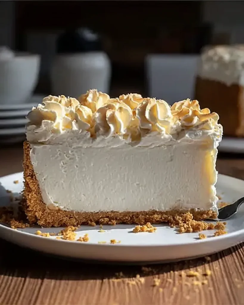 Thick slice of creamy marshmallow whip cheesecake with golden crust